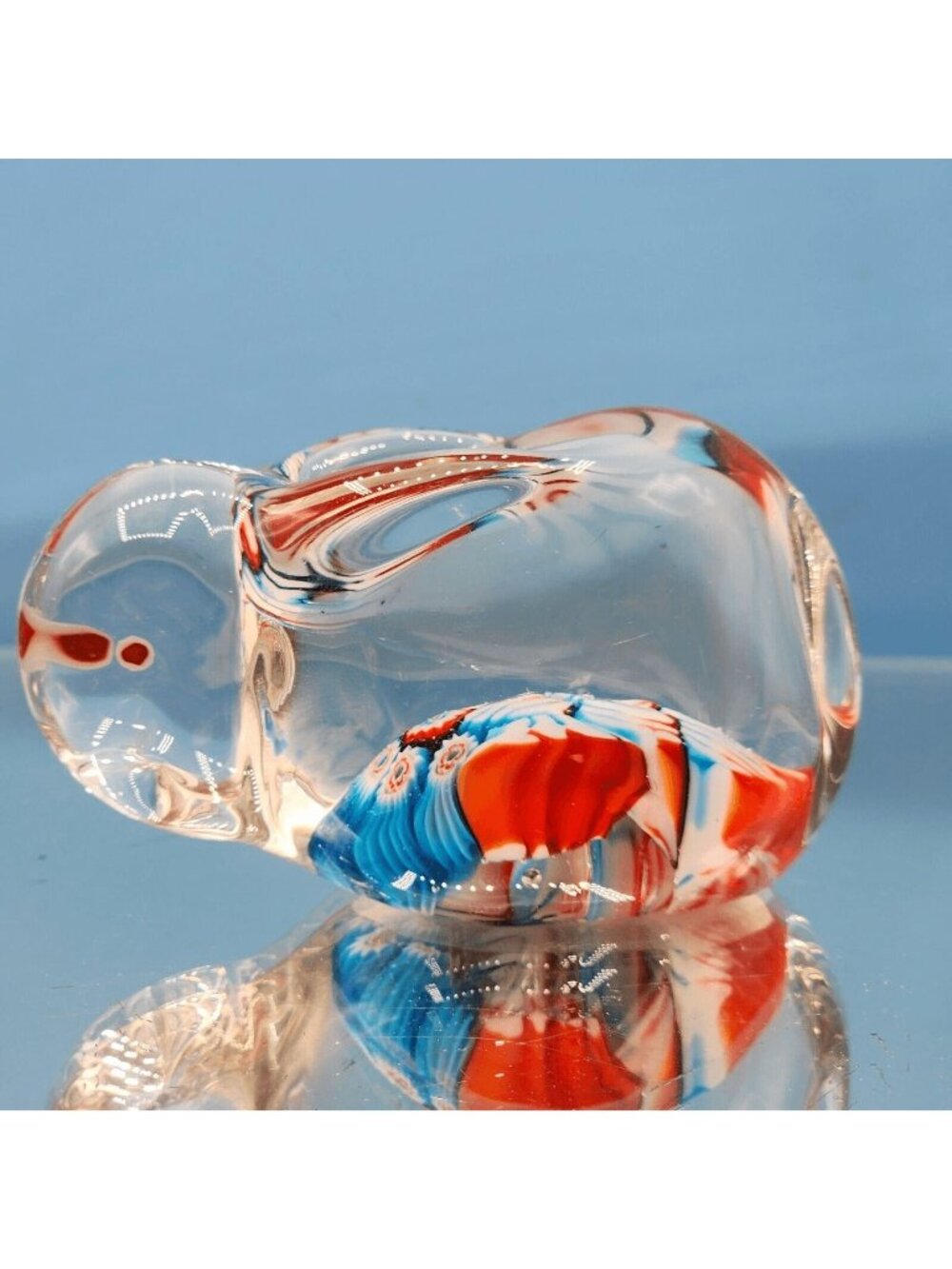 Handcrafted Art Glass Rabbit Red White Blue Accent Paperweight Figurine